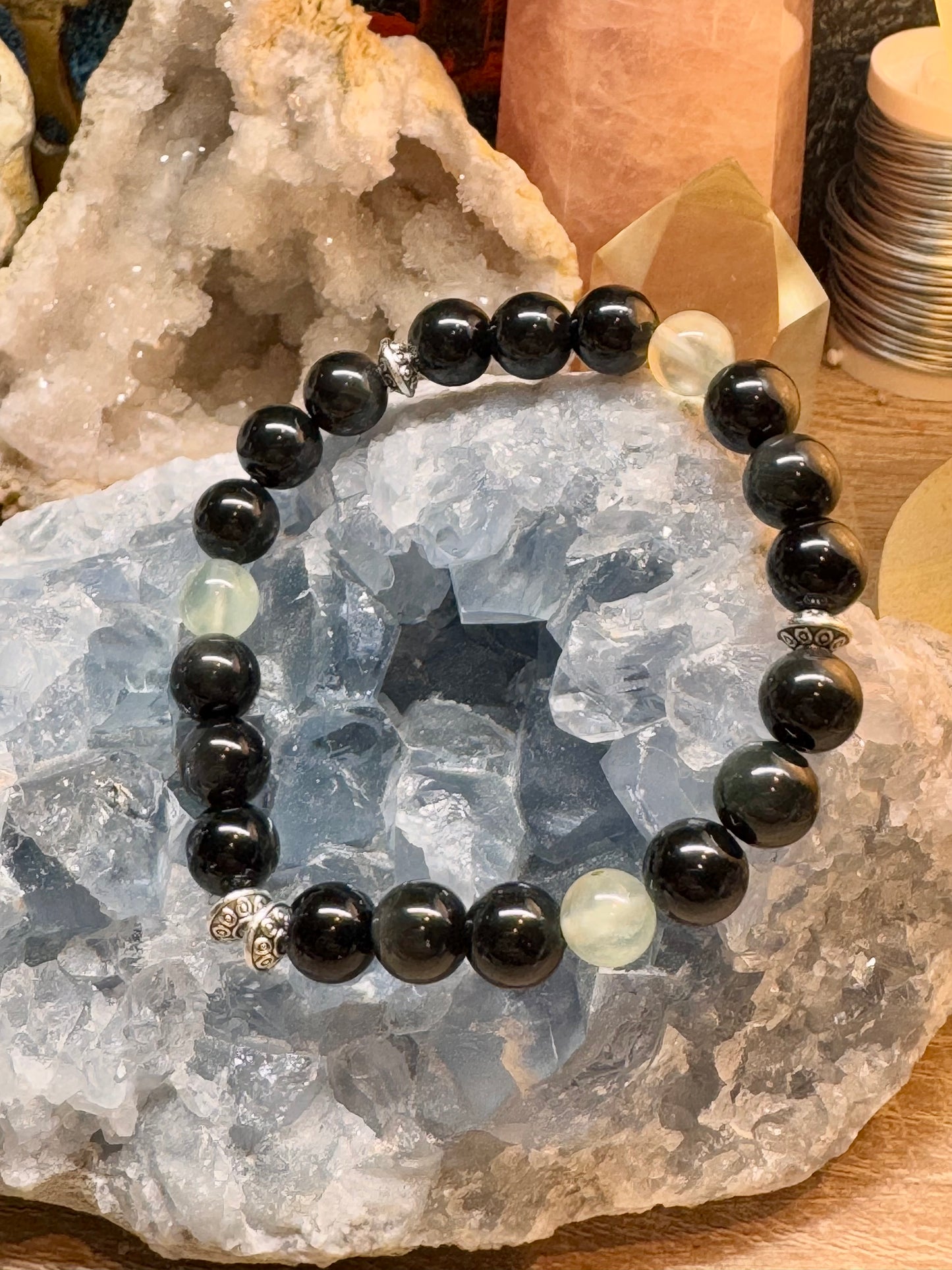 Bracelet en obsidienne œil céleste et préhnite