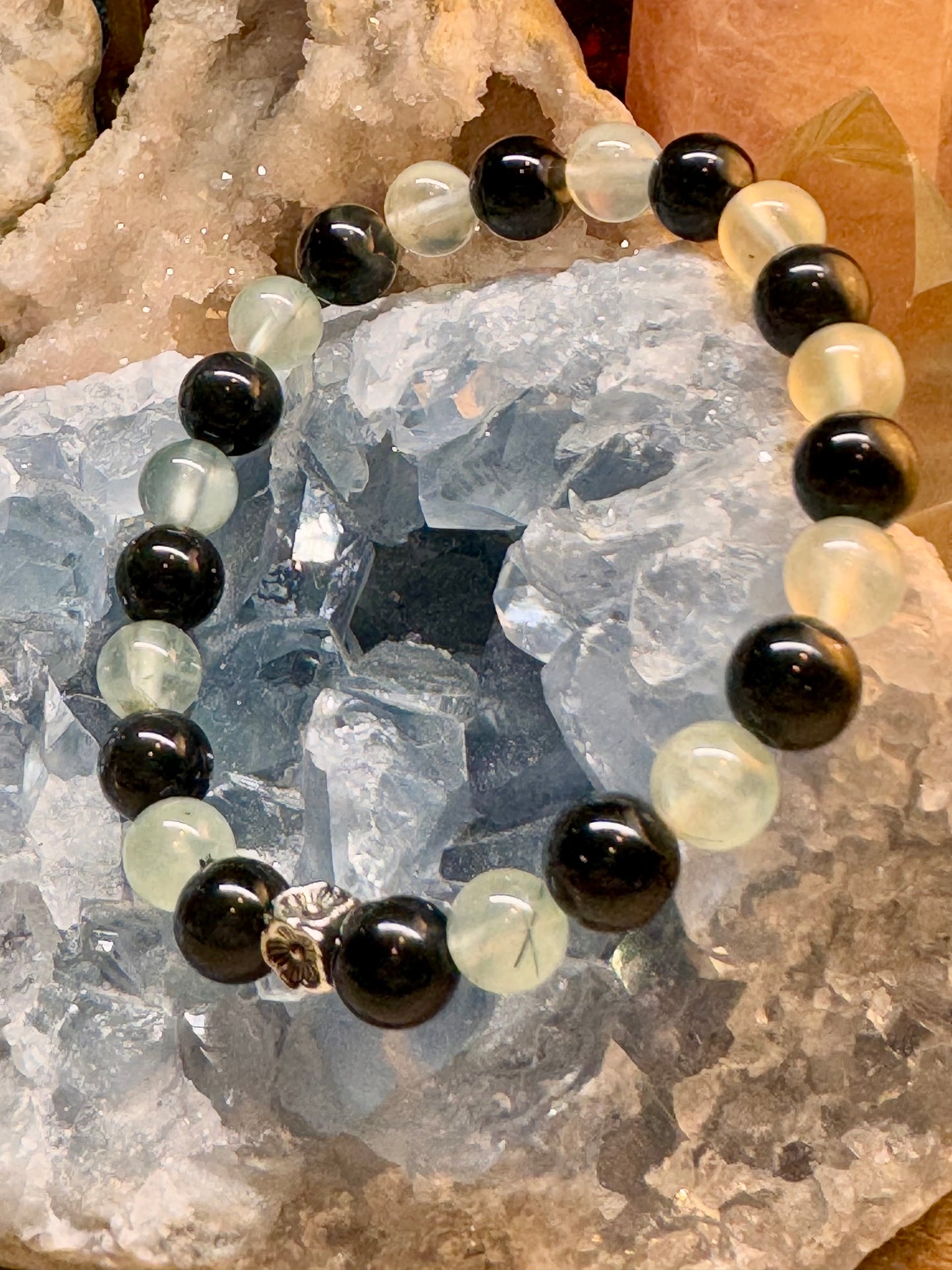 Bracelet en obsidienne œil céleste et préhnite