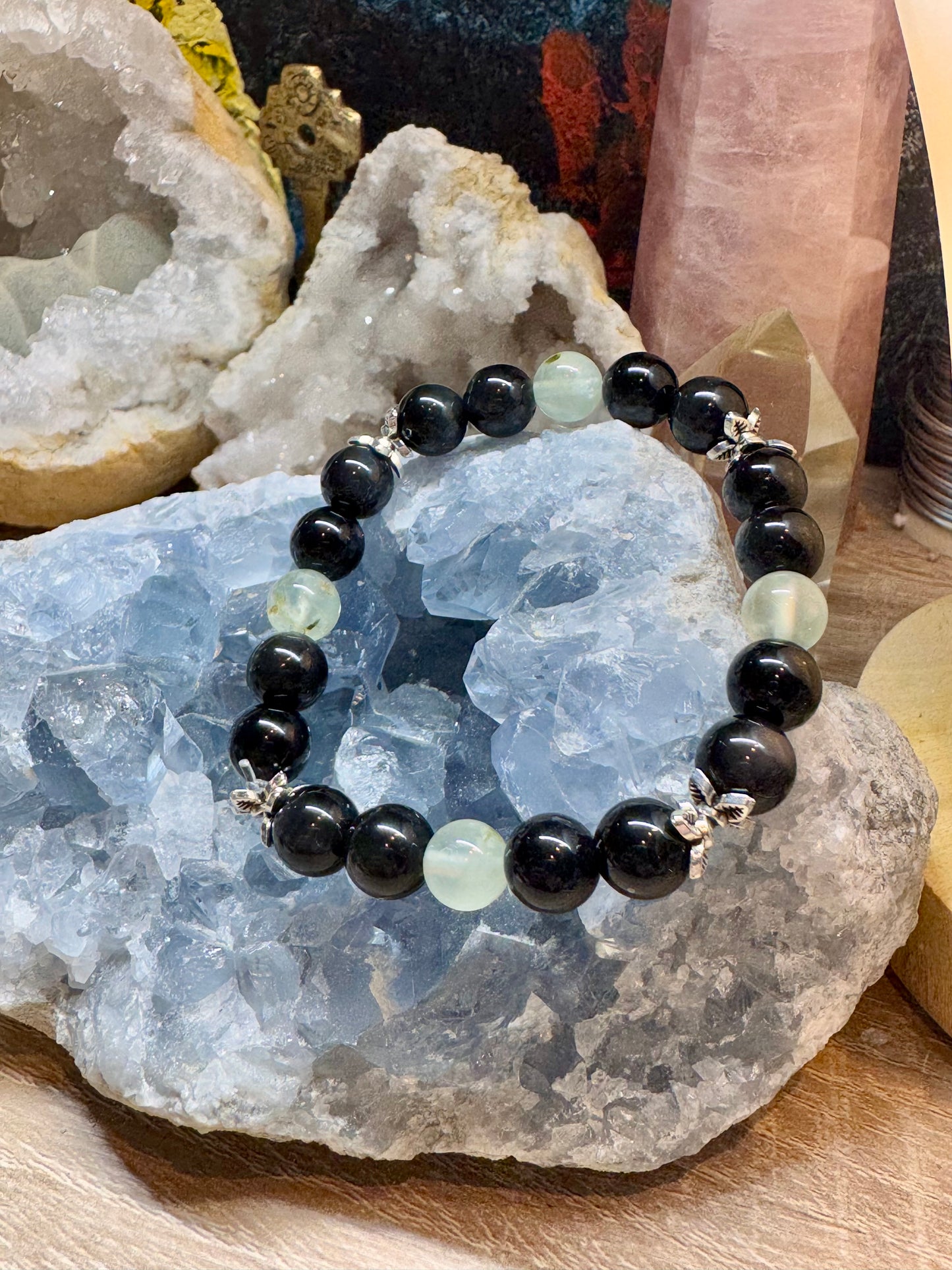 Bracelet en obsidienne œil céleste et préhnite