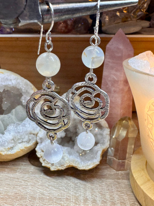 Boucles d’oreilles en argent agate fleur de cerisier et sélénite