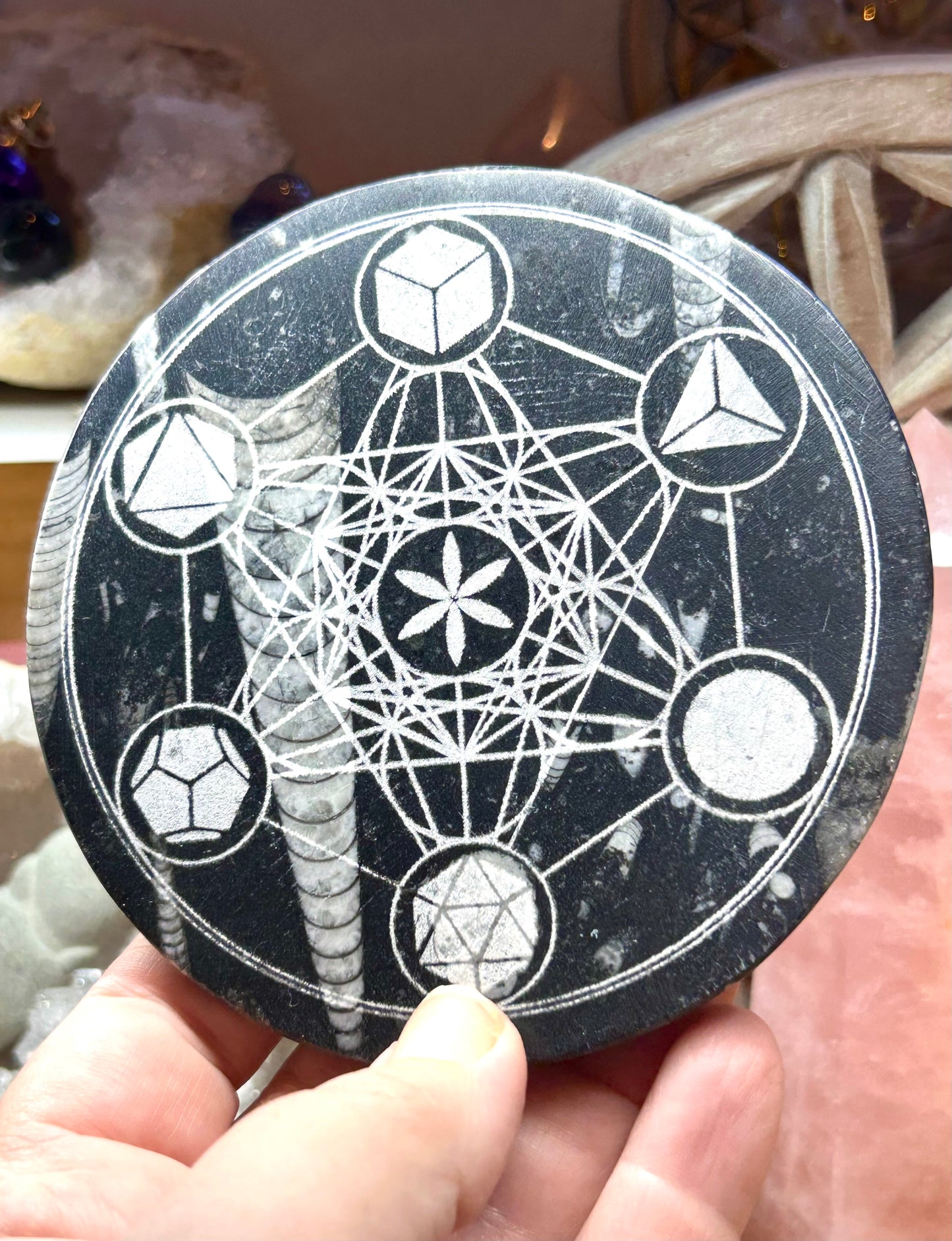 Plaque d’orthoceras avec cube de Metatron et Solides de Platon