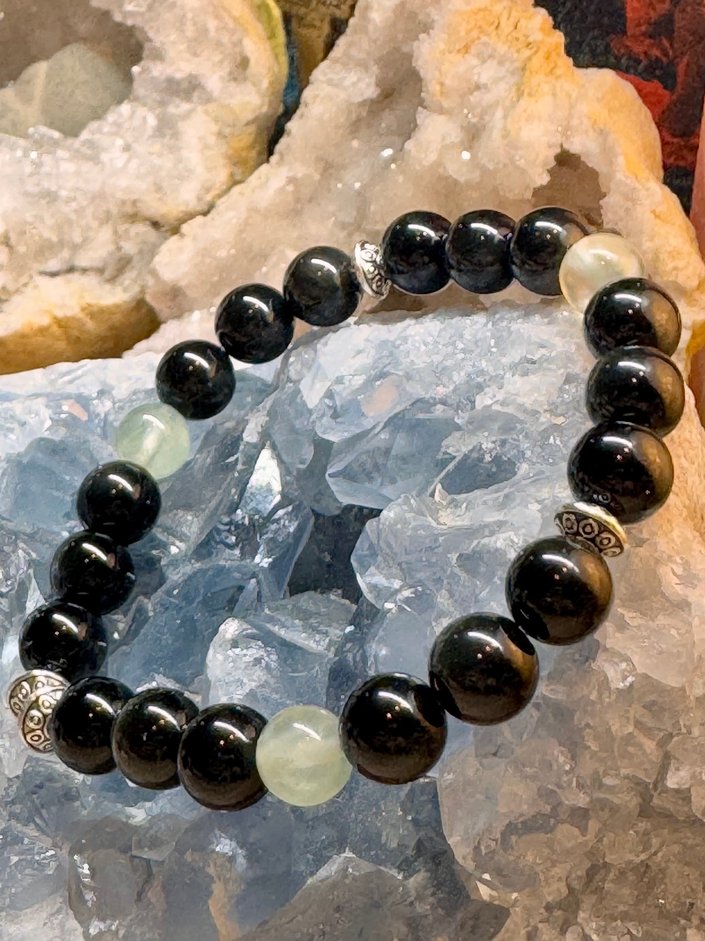 Bracelet en obsidienne œil céleste et préhnite