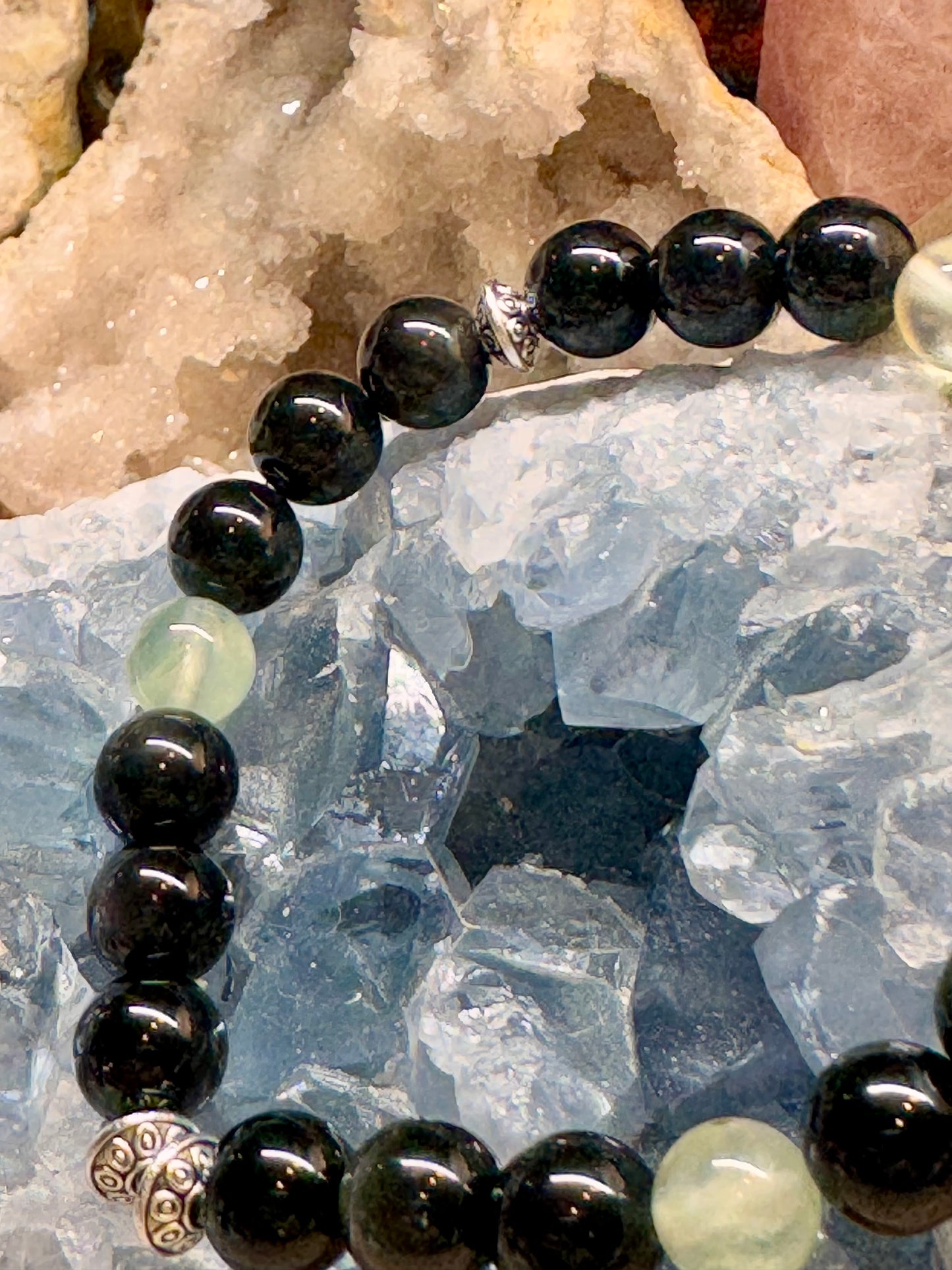 Bracelet en obsidienne œil céleste et préhnite