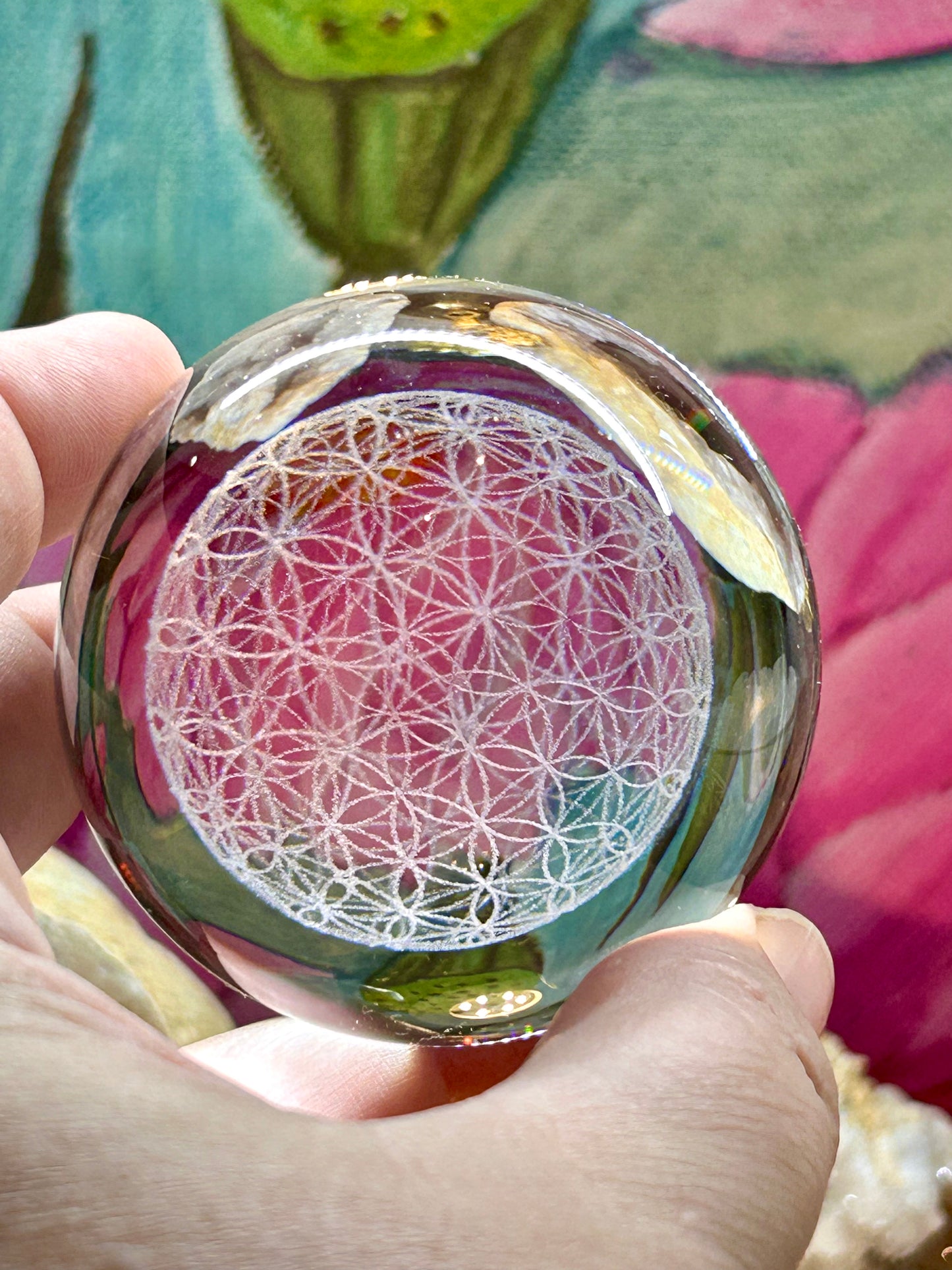 Sphère en verre K9 gravé fleur de vie