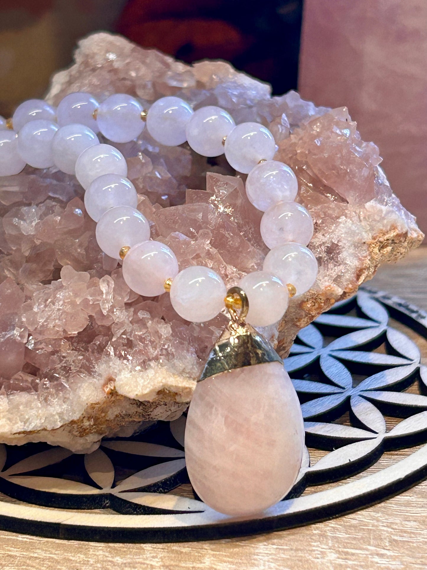 Collier en quartz rose perles et goutte