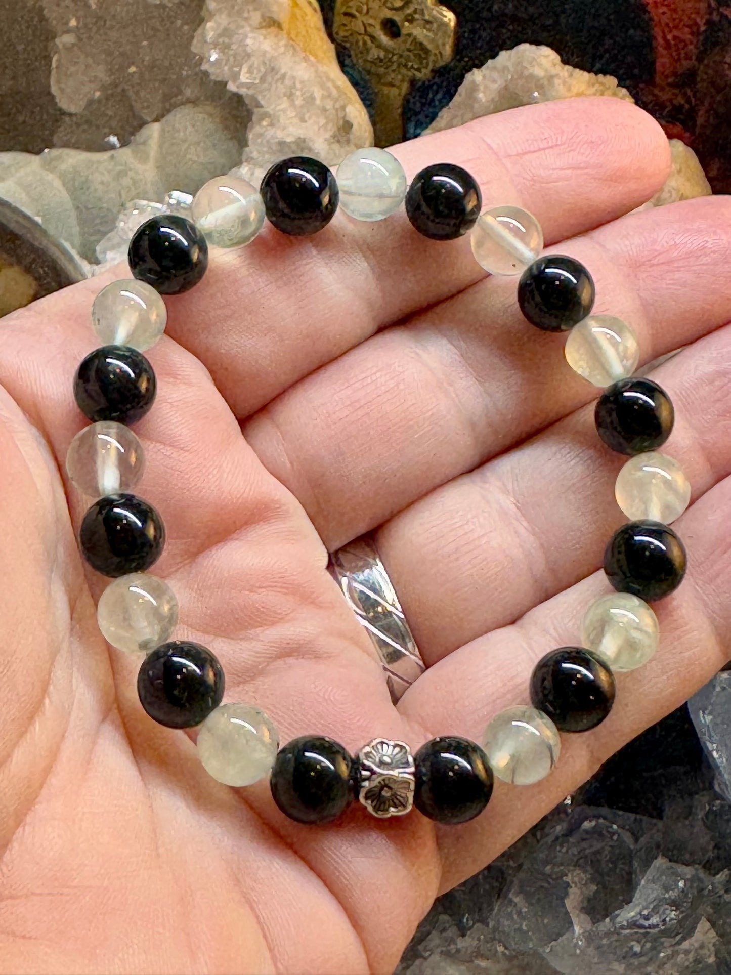 Bracelet en obsidienne œil céleste et préhnite