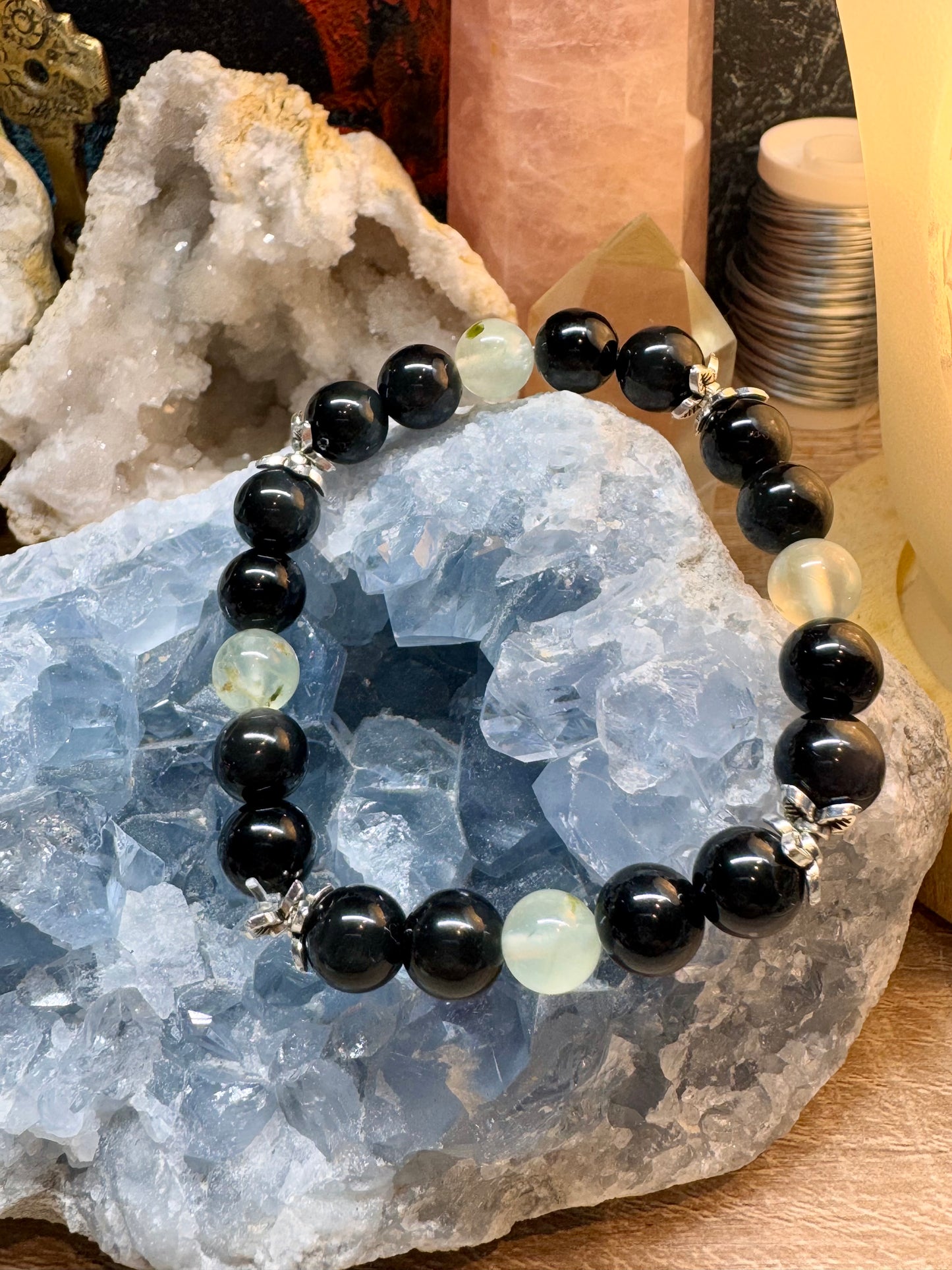 Bracelet en obsidienne œil céleste et préhnite