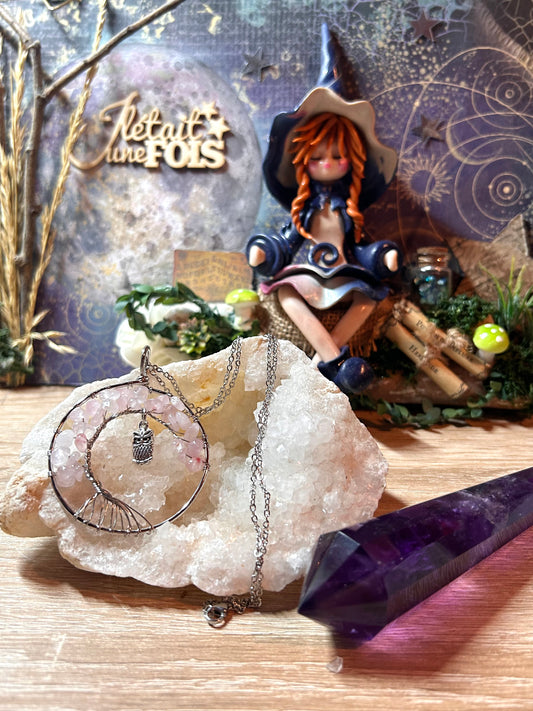 Arbre de vie en quartz rose avec chouette