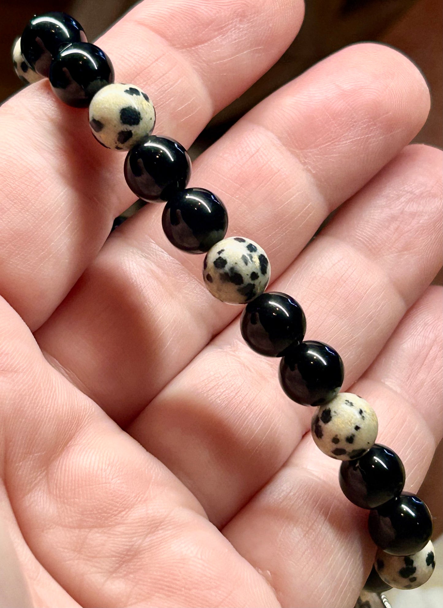 Bracelet d’obsidienne noire et jaspe dalmatien