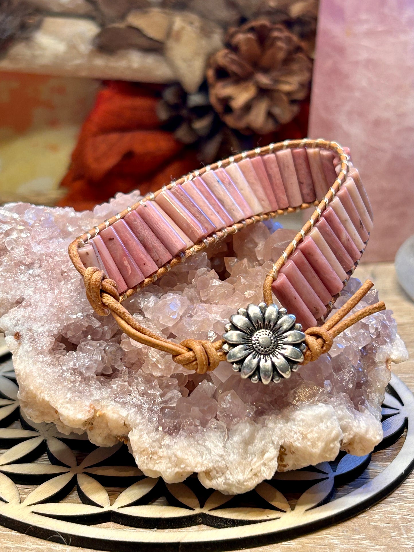 Bracelet cuir avec tubes de rhodonite