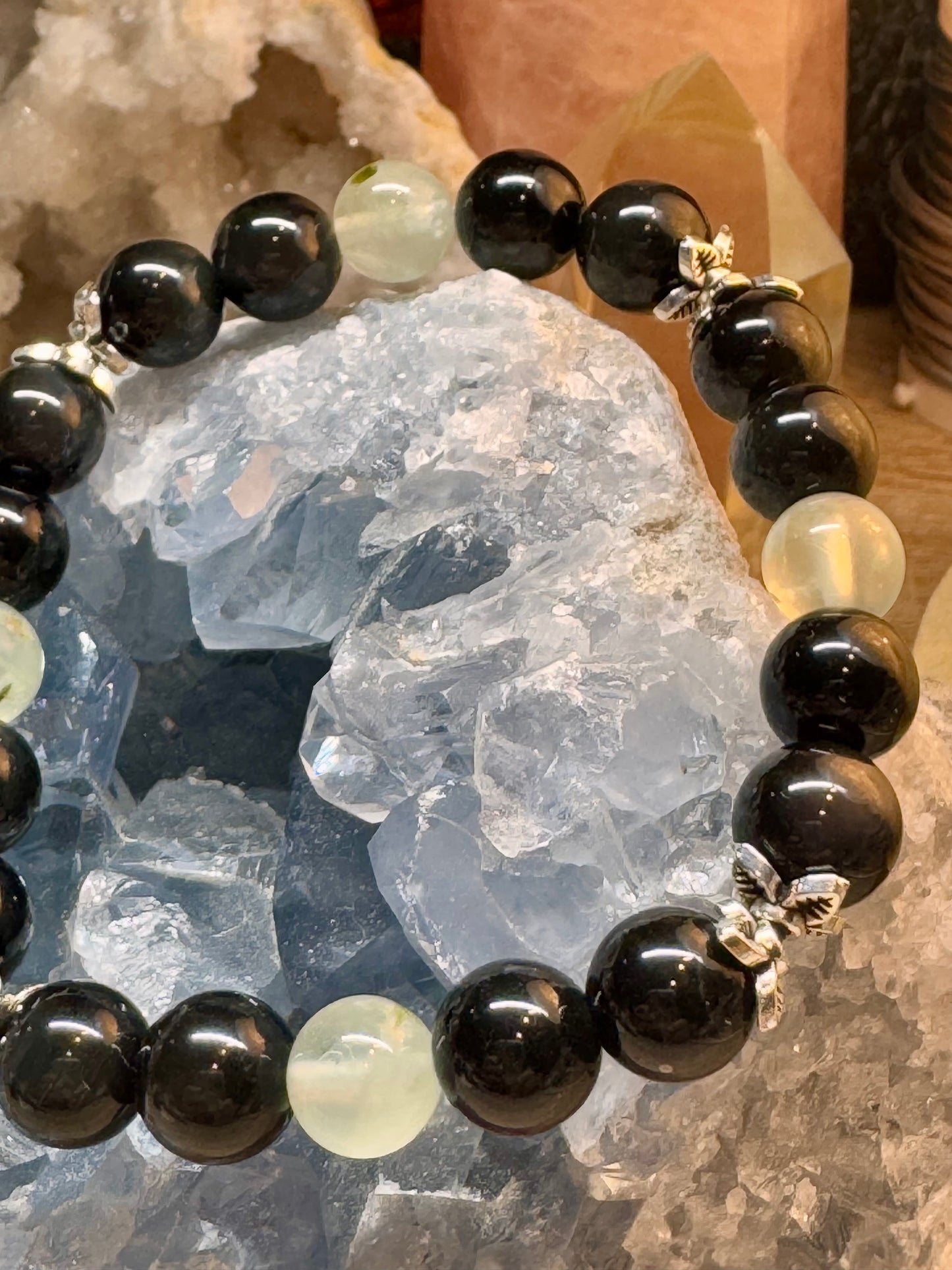 Bracelet en obsidienne œil céleste et préhnite