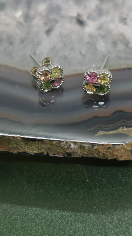 Boucles d'oreilles clou tourmaline multicolore - argent 925